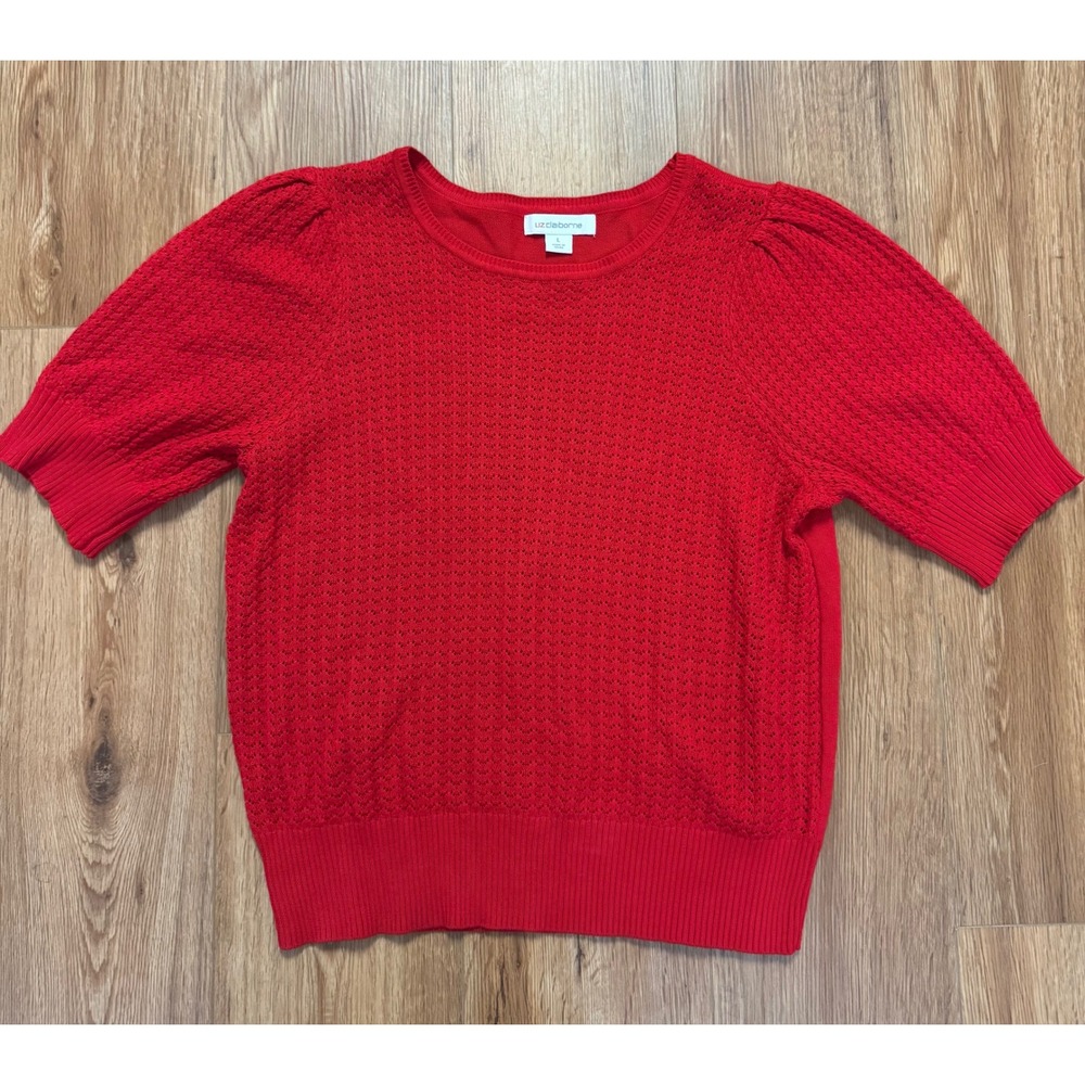 Liz Claiborne Red Pointelle Puff Short Sleeve Sweater Crew Neck Large